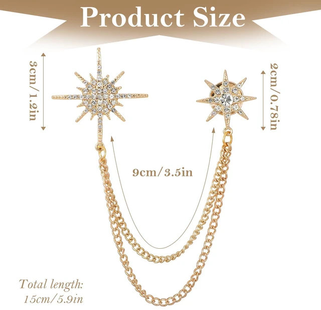 Alt view image 5 of 7 - Gold Rhinestone Star Brooch for Women, Crystal Snowflake Brooch Lapel Pins Fashion Gold Broach Pin Dress Suit Accessories with Tassel Chain Clothing Clip Broach for Women Men