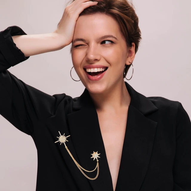 Alt view image 6 of 7 - Gold Rhinestone Star Brooch for Women, Crystal Snowflake Brooch Lapel Pins Fashion Gold Broach Pin Dress Suit Accessories with Tassel Chain Clothing Clip Broach for Women Men