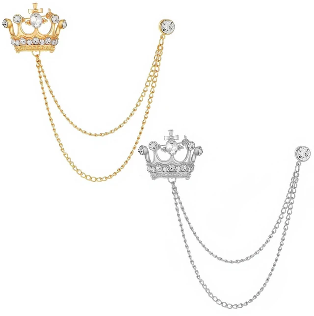 Main image of 2PCS Crown Hanging Chain Brooch for Men, Gold & Silver | Suit Stud Lapel Pin Accessories, Suit Pins for Men with Lapel Chain, Tie Pins for Prom Party Wedding