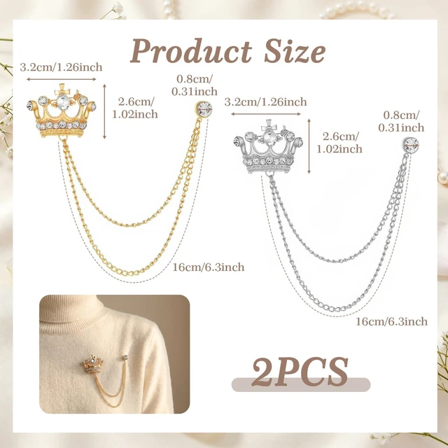 Alt view image 2 of 7 - 2PCS Crown Hanging Chain Brooch for Men, Gold & Silver | Suit Stud Lapel Pin Accessories, Suit Pins for Men with Lapel Chain, Tie Pins for Prom Party Wedding