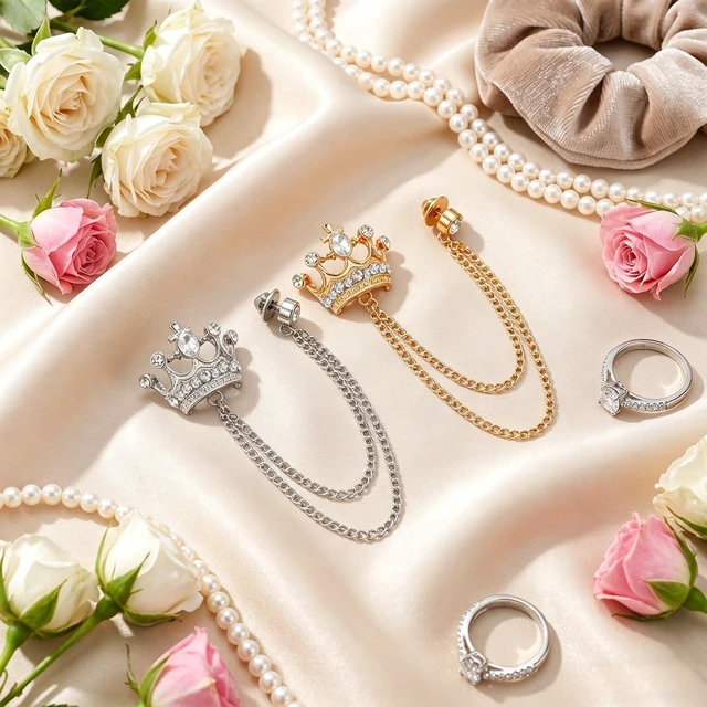 Alt view image 4 of 7 - 2PCS Crown Hanging Chain Brooch for Men, Gold & Silver | Suit Stud Lapel Pin Accessories, Suit Pins for Men with Lapel Chain, Tie Pins for Prom Party Wedding