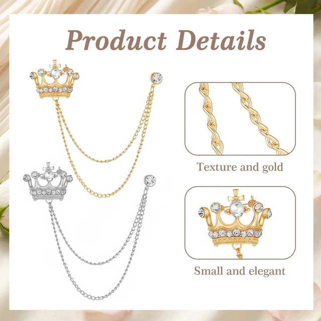 Alt view image 3 of 7 - 2PCS Crown Hanging Chain Brooch for Men, Gold & Silver | Suit Stud Lapel Pin Accessories, Suit Pins for Men with Lapel Chain, Tie Pins for Prom Party Wedding