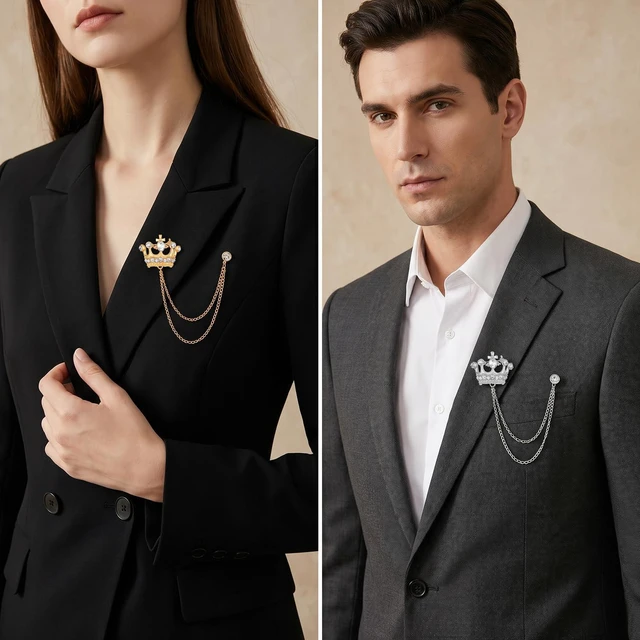 Alt view image 5 of 7 - 2PCS Crown Hanging Chain Brooch for Men, Gold & Silver | Suit Stud Lapel Pin Accessories, Suit Pins for Men with Lapel Chain, Tie Pins for Prom Party Wedding