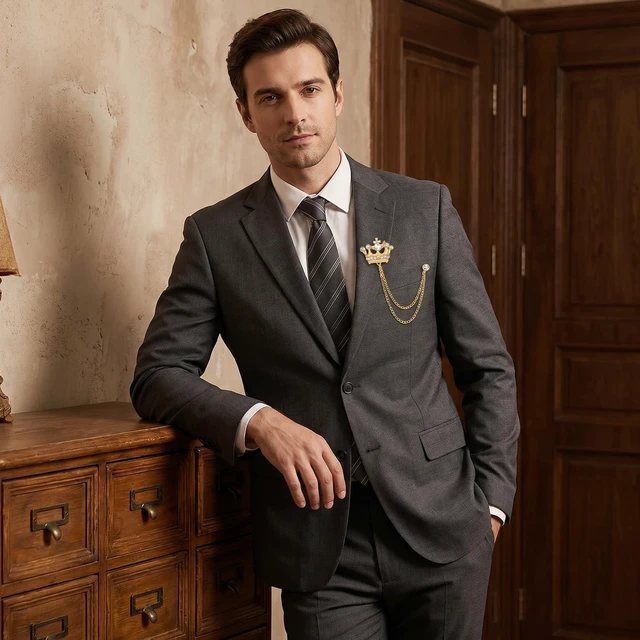 Alt view image 7 of 7 - 2PCS Crown Hanging Chain Brooch for Men, Gold & Silver | Suit Stud Lapel Pin Accessories, Suit Pins for Men with Lapel Chain, Tie Pins for Prom Party Wedding