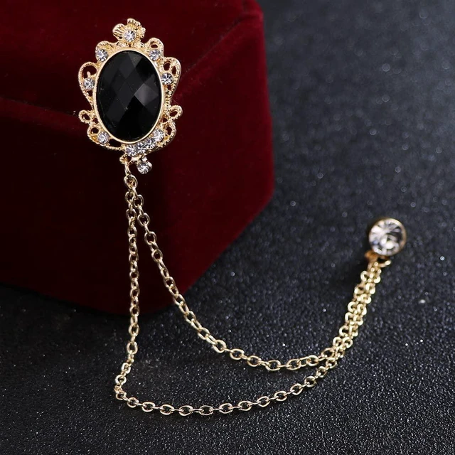 Alt view image 2 of 6 - Men's Gem Brooch Lapel Pin Badge Hanging Chains Collar Brooches Pin for Career Suit Tuxedo of Shirts Tie Hat Scarf for Boyfriend Father Birthday (Black)
