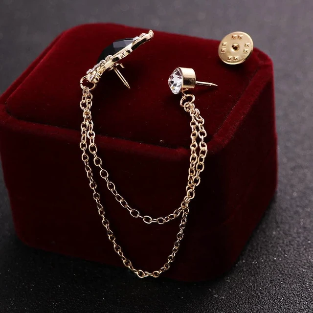 Alt view image 4 of 6 - Men's Gem Brooch Lapel Pin Badge Hanging Chains Collar Brooches Pin for Career Suit Tuxedo of Shirts Tie Hat Scarf for Boyfriend Father Birthday (Black)