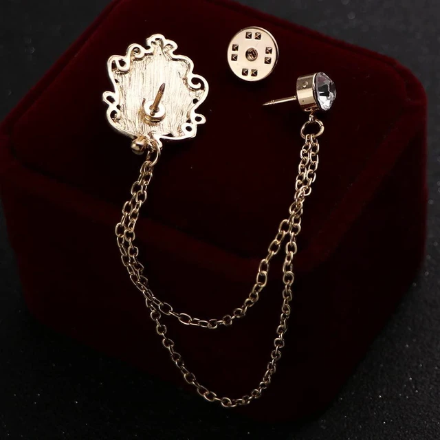 Alt view image 5 of 6 - Men's Gem Brooch Lapel Pin Badge Hanging Chains Collar Brooches Pin for Career Suit Tuxedo of Shirts Tie Hat Scarf for Boyfriend Father Birthday (Black)