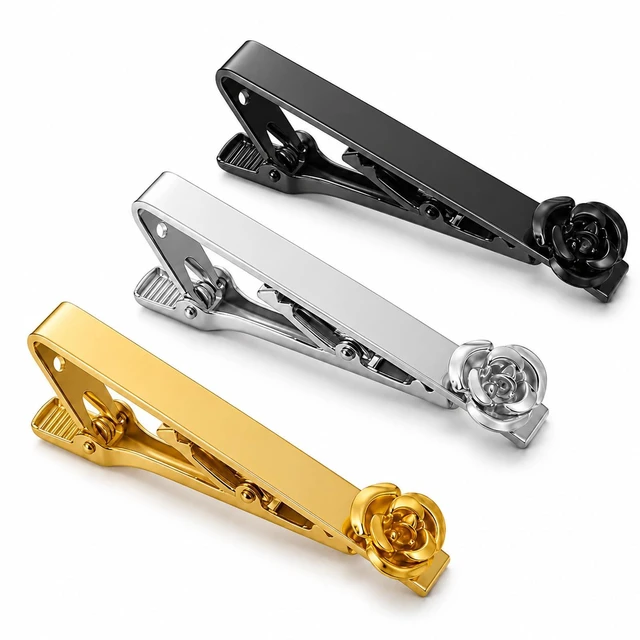 Main image of Tie Clips for Men 3-Pack Rose Flower Design, Anti-Rust, Scratch-Resistant, 2.16 Inch, Gift for Fathers, Husbands, Boyfriends, Grooms, Best Men, for Weddings, Valentines Day