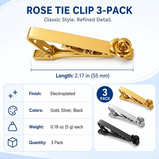 Alt view image 2 of 7 - Tie Clips for Men 3-Pack Rose Flower Design, Anti-Rust, Scratch-Resistant, 2.16 Inch, Gift for Fathers, Husbands, Boyfriends, Grooms, Best Men, for Weddings, Valentines Day
