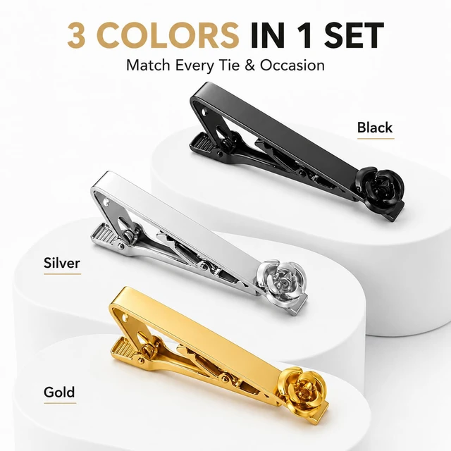 Alt view image 3 of 7 - Tie Clips for Men 3-Pack Rose Flower Design, Anti-Rust, Scratch-Resistant, 2.16 Inch, Gift for Fathers, Husbands, Boyfriends, Grooms, Best Men, for Weddings, Valentines Day