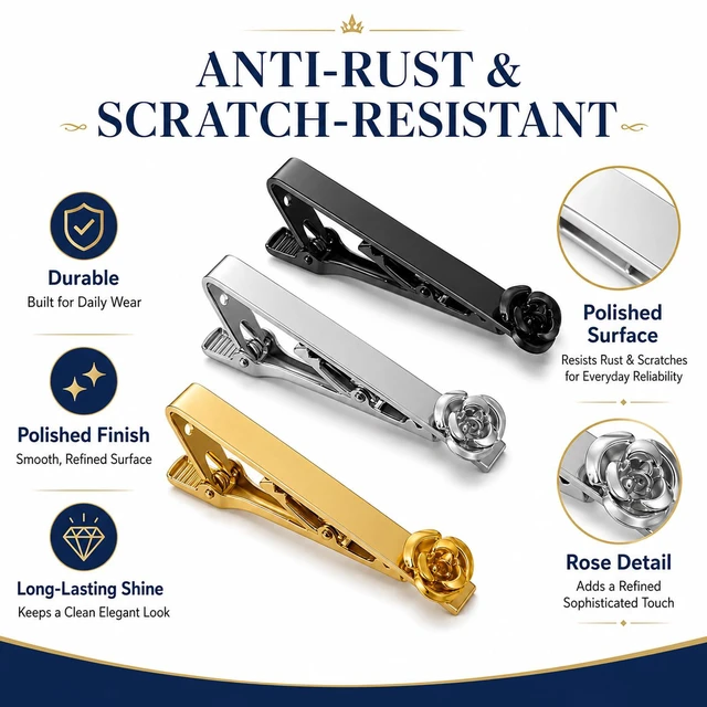 Alt view image 5 of 7 - Tie Clips for Men 3-Pack Rose Flower Design, Anti-Rust, Scratch-Resistant, 2.16 Inch, Gift for Fathers, Husbands, Boyfriends, Grooms, Best Men, for Weddings, Valentines Day