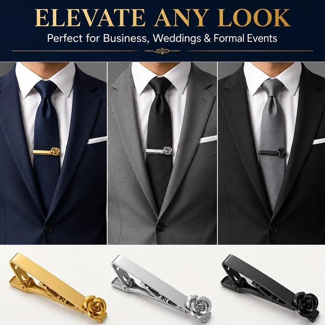 Alt view image 6 of 7 - Tie Clips for Men 3-Pack Rose Flower Design, Anti-Rust, Scratch-Resistant, 2.16 Inch, Gift for Fathers, Husbands, Boyfriends, Grooms, Best Men, for Weddings, Valentines Day