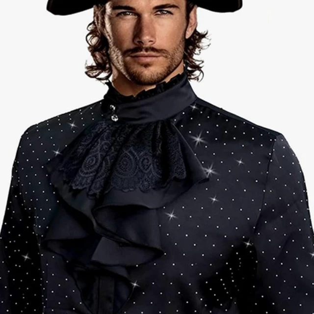 Alt view image 5 of 5 - 2Pcs Black Jabot Collar Lace Jabot Necktie Ruffled Detachable Collar White Colonial Collar Costume Accessory for Women Men Outfits Cosplay Fancy Dress