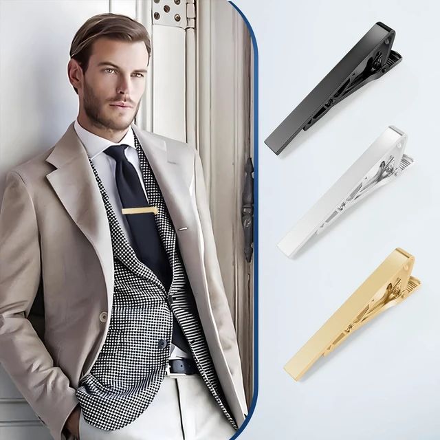 Alt view image 3 of 7 - Tie Clips for Men Classic Tie Bar Clip Set, 3 Pack Smooth Surface | Black Gold Silver, Tie Bar Clip Set, Fixed Tie