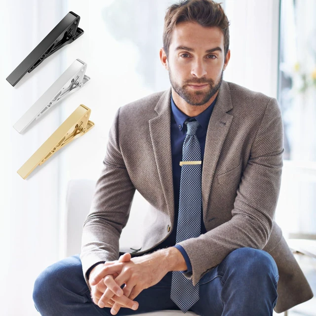 Alt view image 4 of 7 - Tie Clips for Men Classic Tie Bar Clip Set, 3 Pack Smooth Surface | Black Gold Silver, Tie Bar Clip Set, Fixed Tie