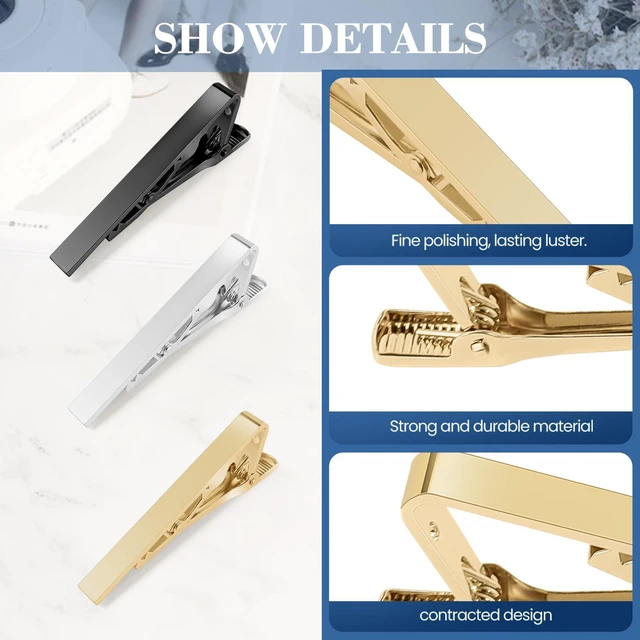 Alt view image 5 of 7 - Tie Clips for Men Classic Tie Bar Clip Set, 3 Pack Smooth Surface | Black Gold Silver, Tie Bar Clip Set, Fixed Tie