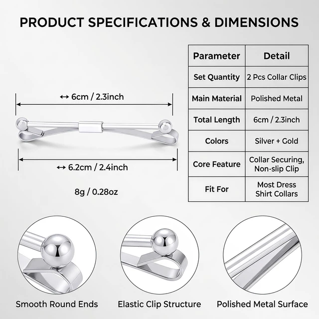 Alt view image 2 of 7 - 2PCS Two Tone Mens Tie Clips Collar Bar for Formal Daily Wear | Electroplated brass construction with spring clasp to reduce slip and match various dress shirt