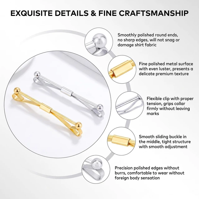 Alt view image 3 of 7 - 2PCS Two Tone Mens Tie Clips Collar Bar for Formal Daily Wear | Electroplated brass construction with spring clasp to reduce slip and match various dress shirt