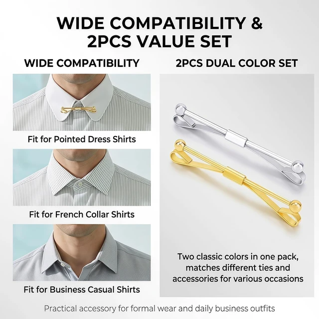 Alt view image 6 of 7 - 2PCS Two Tone Mens Tie Clips Collar Bar for Formal Daily Wear | Electroplated brass construction with spring clasp to reduce slip and match various dress shirt