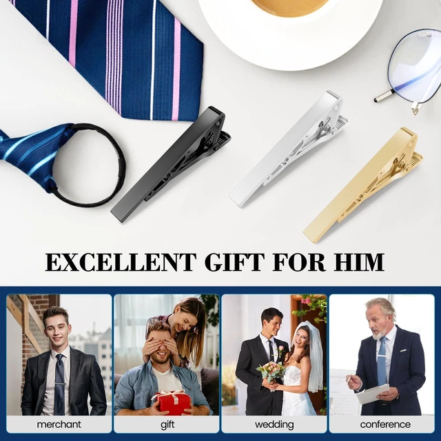Alt view image 6 of 7 - Tie Clips for Men Classic Tie Bar Clip Set, 3 Pack Smooth Surface | Black Gold Silver, Tie Bar Clip Set, Fixed Tie
