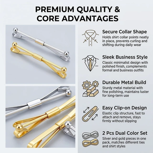 Alt view image 7 of 7 - 2PCS Two Tone Mens Tie Clips Collar Bar for Formal Daily Wear | Electroplated brass construction with spring clasp to reduce slip and match various dress shirt