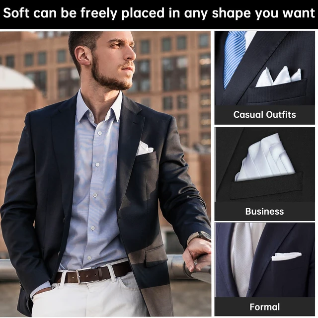 Alt view image 5 of 7 - Satin Pocket Square for Men, White Silk Suit Handkerchief | White Square Handkerchief for Men Wedding Party