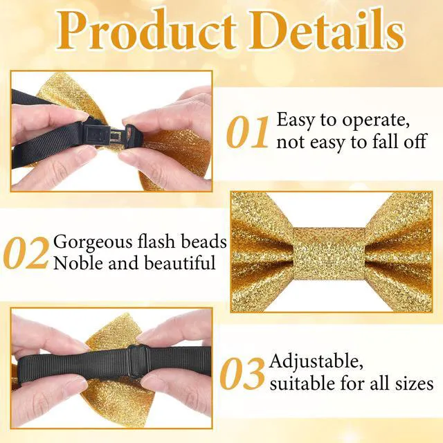 Alt view image 3 of 7 - Gold Bow Tie, Sequin Bow Tie, Adjustable Length Fancy Pre-Tied Glitter Shiny Sequin Bow for Men Banquet Carnival Party Christmas Fancy Dress Wedding (4.72 × 2.76 Inches)