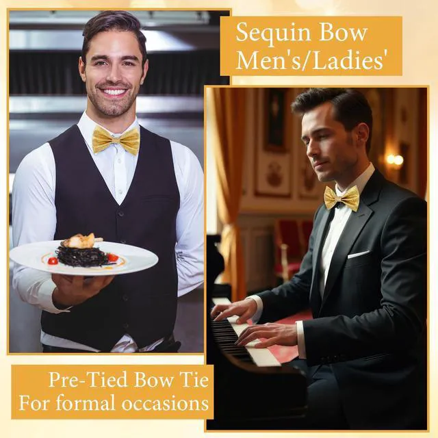 Alt view image 4 of 7 - Gold Bow Tie, Sequin Bow Tie, Adjustable Length Fancy Pre-Tied Glitter Shiny Sequin Bow for Men Banquet Carnival Party Christmas Fancy Dress Wedding (4.72 × 2.76 Inches)