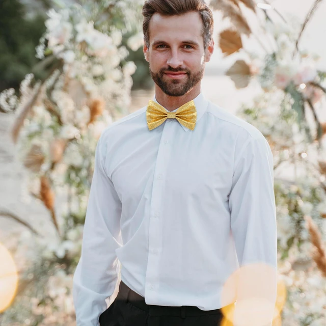 Alt view image 6 of 7 - Gold Bow Tie, Sequin Bow Tie, Adjustable Length Fancy Pre-Tied Glitter Shiny Sequin Bow for Men Banquet Carnival Party Christmas Fancy Dress Wedding (4.72 × 2.76 Inches)