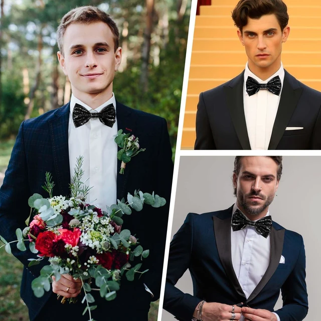 Alt view image 4 of 7 - Black Sequin Bow Tie, Bow Ties for Men Bowtie Pre-Tied Adjustable | Length Glitter Black Tie Shiny for Party Banquet Wedding Banquet Carnival Dress