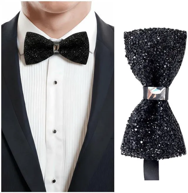 Main image of Black Rhinestone Bow Tie for Men | Pre-Tied, adjustable, lightweight. Crystal bowties, sequin neck ties for wedding prom banquet costume