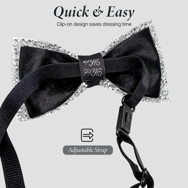 Alt view image 3 of 7 - Black Rhinestone Bow Tie for Men | Pre-Tied, adjustable, lightweight. Crystal bowties, sequin neck ties for wedding prom banquet costume