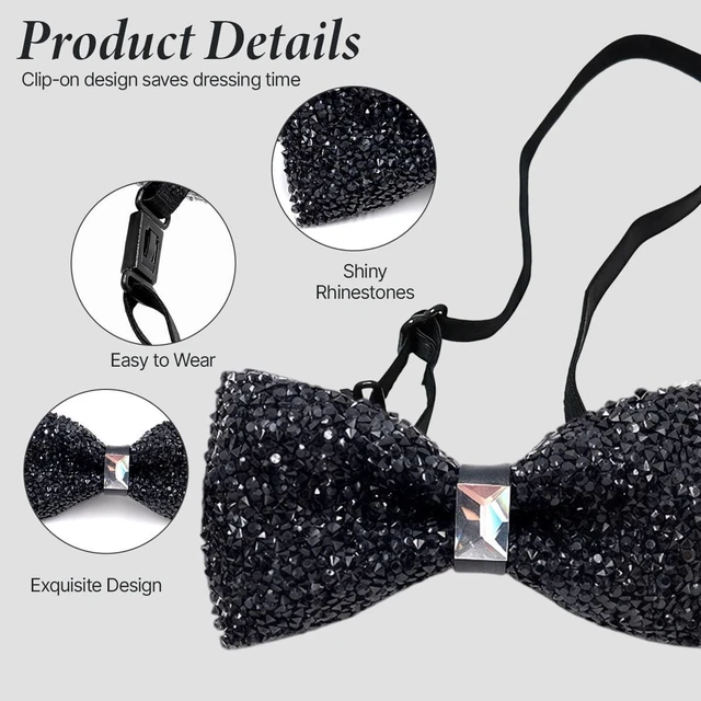 Alt view image 4 of 7 - Black Rhinestone Bow Tie for Men | Pre-Tied, adjustable, lightweight. Crystal bowties, sequin neck ties for wedding prom banquet costume