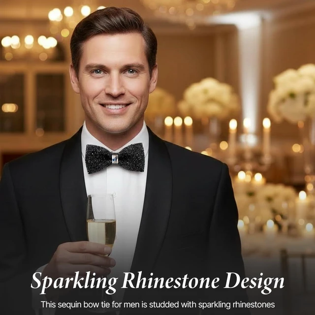 Alt view image 6 of 7 - Black Rhinestone Bow Tie for Men | Pre-Tied, adjustable, lightweight. Crystal bowties, sequin neck ties for wedding prom banquet costume