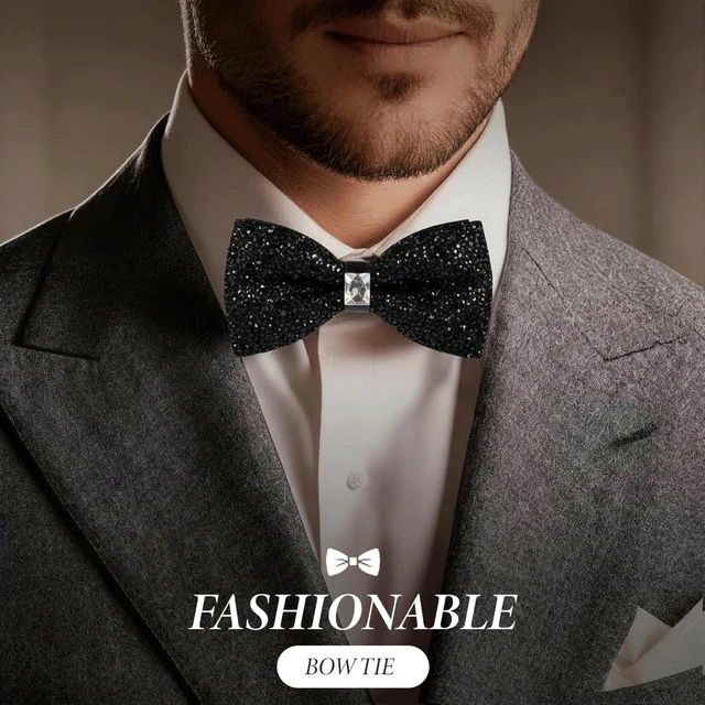 Alt view image 7 of 7 - Black Rhinestone Bow Tie for Men | Pre-Tied, adjustable, lightweight. Crystal bowties, sequin neck ties for wedding prom banquet costume