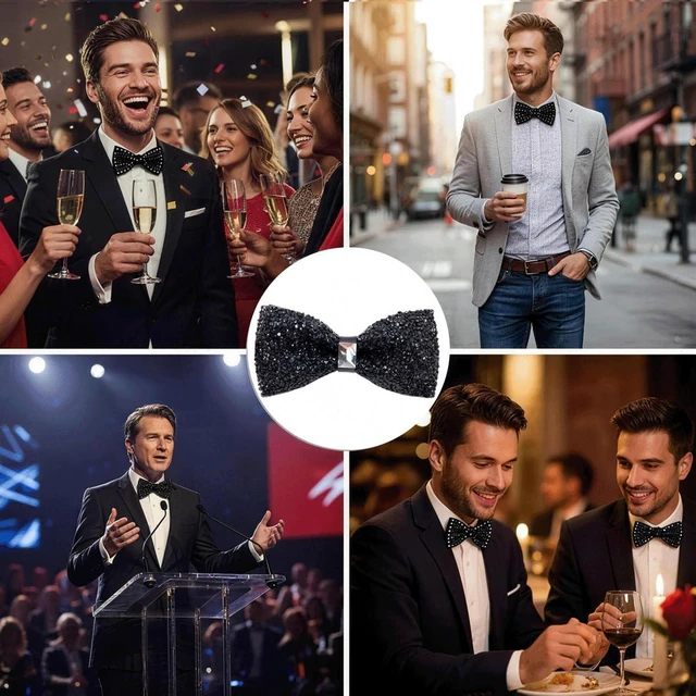 Alt view image 5 of 7 - Black Rhinestone Bow Tie for Men | Pre-Tied, adjustable, lightweight. Crystal bowties, sequin neck ties for wedding prom banquet costume