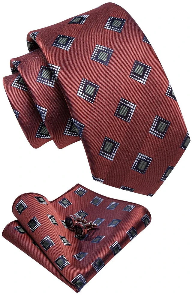 Alt view image 2 of 7 - YourTies Rust Red Mens Tie Set Polka Dot Silk Necktie Pocket Square Cufflinks Woven Jacquard Formal Classic Wedding Party