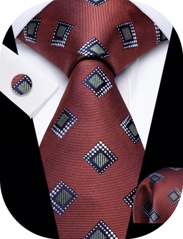 Alt view image 5 of 7 - YourTies Rust Red Mens Tie Set Polka Dot Silk Necktie Pocket Square Cufflinks Woven Jacquard Formal Classic Wedding Party