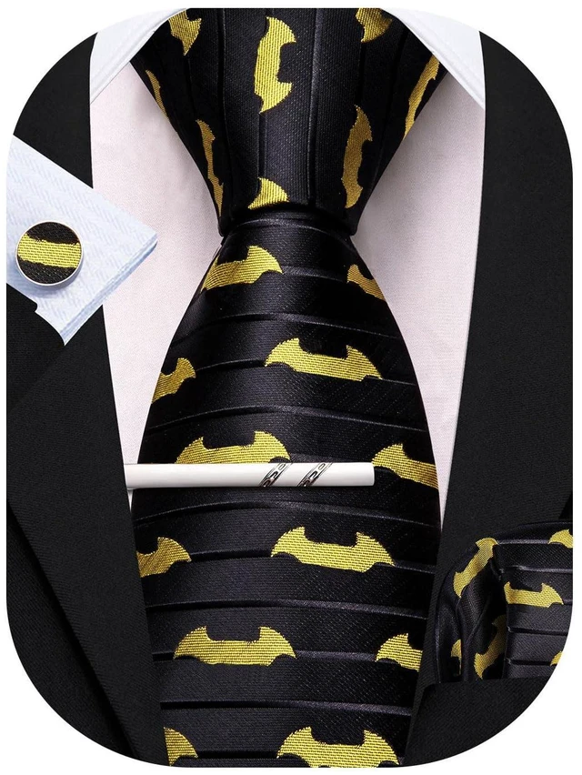 Main image of Halloween Tie Men with Tie Clip Silk Pocket Square Cufflinks Set | Black Yellow Bat Necktie,Party,Costume,Cosplay,Props