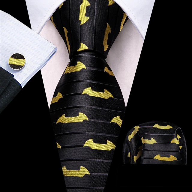 Alt view image 2 of 5 - Halloween Tie Men with Tie Clip Silk Pocket Square Cufflinks Set | Black Yellow Bat Necktie,Party,Costume,Cosplay,Props