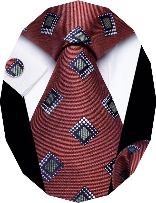 Alt view image 7 of 7 - YourTies Rust Red Mens Tie Set Polka Dot Silk Necktie Pocket Square Cufflinks Woven Jacquard Formal Classic Wedding Party