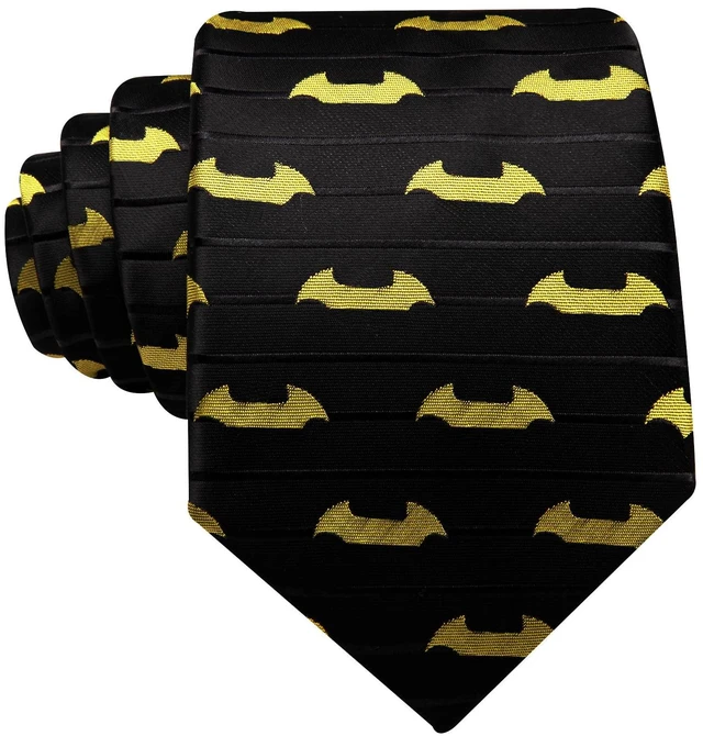 Alt view image 4 of 5 - Halloween Tie Men with Tie Clip Silk Pocket Square Cufflinks Set | Black Yellow Bat Necktie,Party,Costume,Cosplay,Props