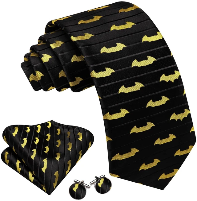 Alt view image 3 of 5 - Halloween Tie Men with Tie Clip Silk Pocket Square Cufflinks Set | Black Yellow Bat Necktie,Party,Costume,Cosplay,Props
