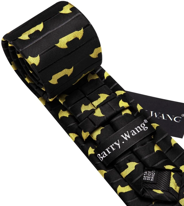 Alt view image 5 of 5 - Halloween Tie Men with Tie Clip Silk Pocket Square Cufflinks Set | Black Yellow Bat Necktie,Party,Costume,Cosplay,Props