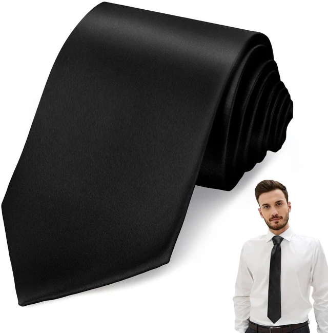 Main image of Black Tie, Mens Ties, Black Ties for Men, Satin Men's Neckties, Neck Ties Mens, Black Mens Tie Wedding Guest Dress