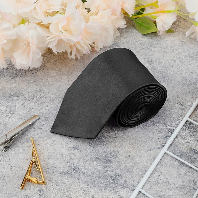 Alt view image 7 of 7 - Black Tie, Mens Ties, Black Ties for Men, Satin Men's Neckties, Neck Ties Mens, Black Mens Tie Wedding Guest Dress