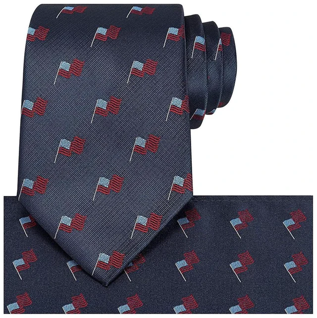 Main image of Mens 63'' Silk Tie Long Navy US Flag Patriotic Necktie + Pocket Square