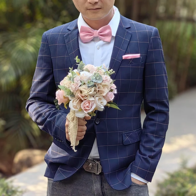 Alt view image 2 of 6 - SYAYA Men Bowtie and Handkerchief Set, Unisex Design Bow Tie and Pocket Square For Business Formal Tuxedo or Wedding M-B-T9 (Bowtie & Pocket Square, Pink)