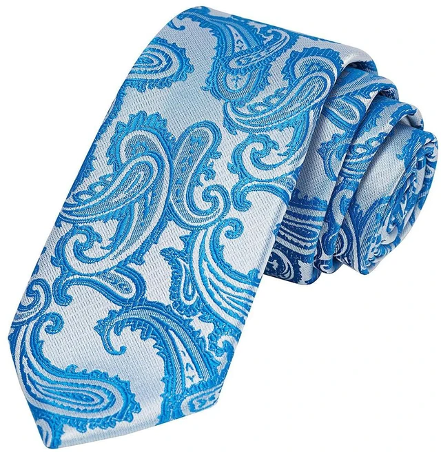 Main image of 2.4'' Skinny Tie Blue Paisley Slim Necktie for Men + Gift Box
