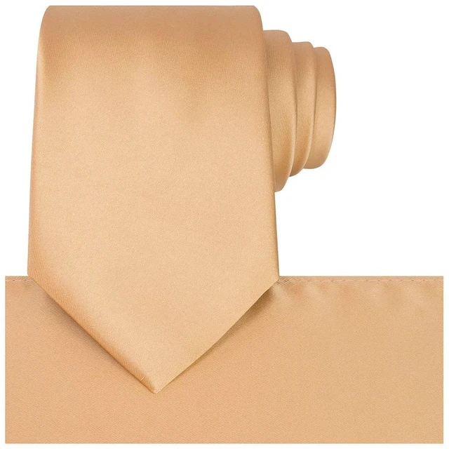 Main image of Sand Color Satin Tie Set Gold Solid Ties Mens Necktie + Pocket Square